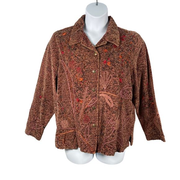 Tanjay Jacket Womens Large Brown Embroidered Fall Leaves Soutache Trim Velvety - Picture 1 of 12